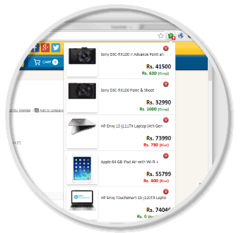 Click on the bag icon of Compare Hatke extension to monitor the prices of the prduct you were watching any time.