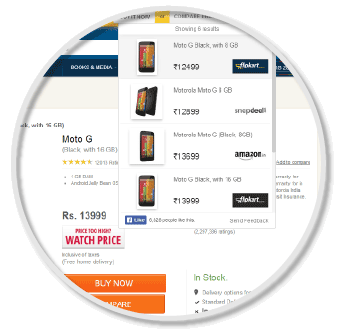 Hover over Compare Prices which Compare Hatke extension provides to get the prices of the product at other portals immediately